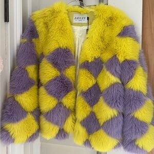 JAYLEY Yellow & Purple Faux Fur Coat - Bold Statement Jacket